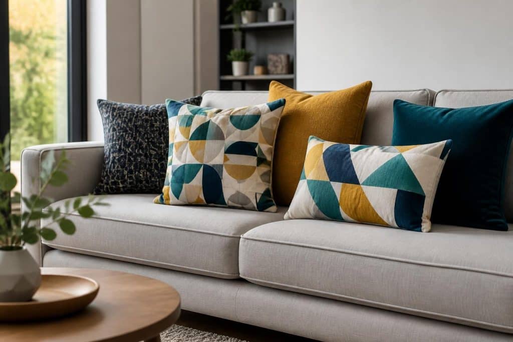 découvrez comment l'association des coussins à motifs géométriques dynamise visuellement l'assise principale, ajoutant style et modernité à votre intérieur.