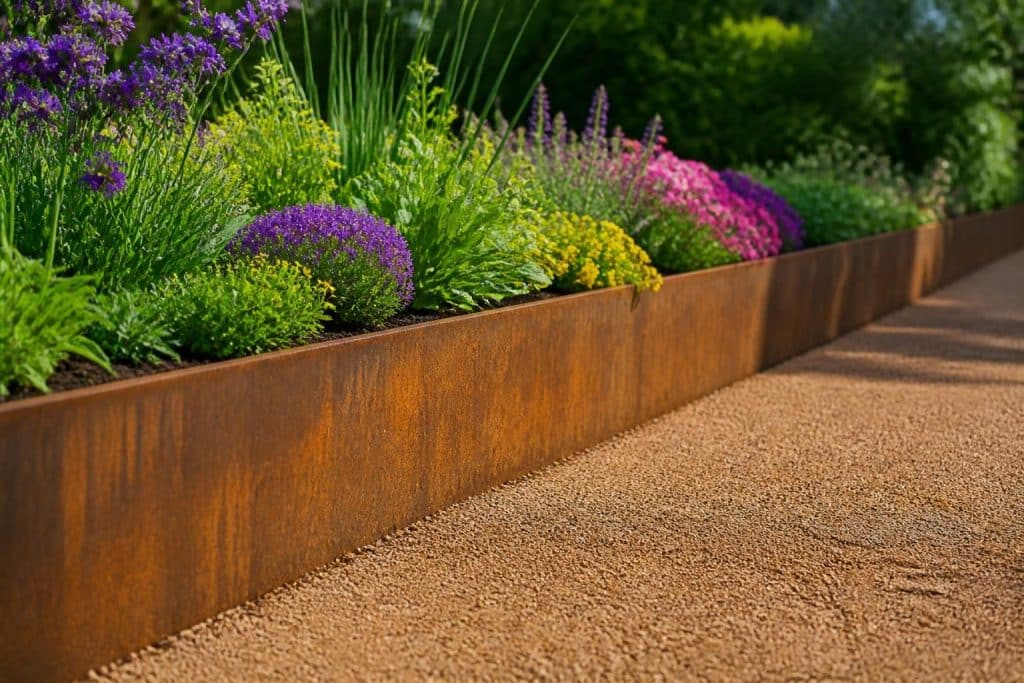 découvrez une liaison directe et esthétique entre la bordure de jardin en corten et la délimitation précise des parterres de fleurs pour un aménagement paysager soigné et durable.