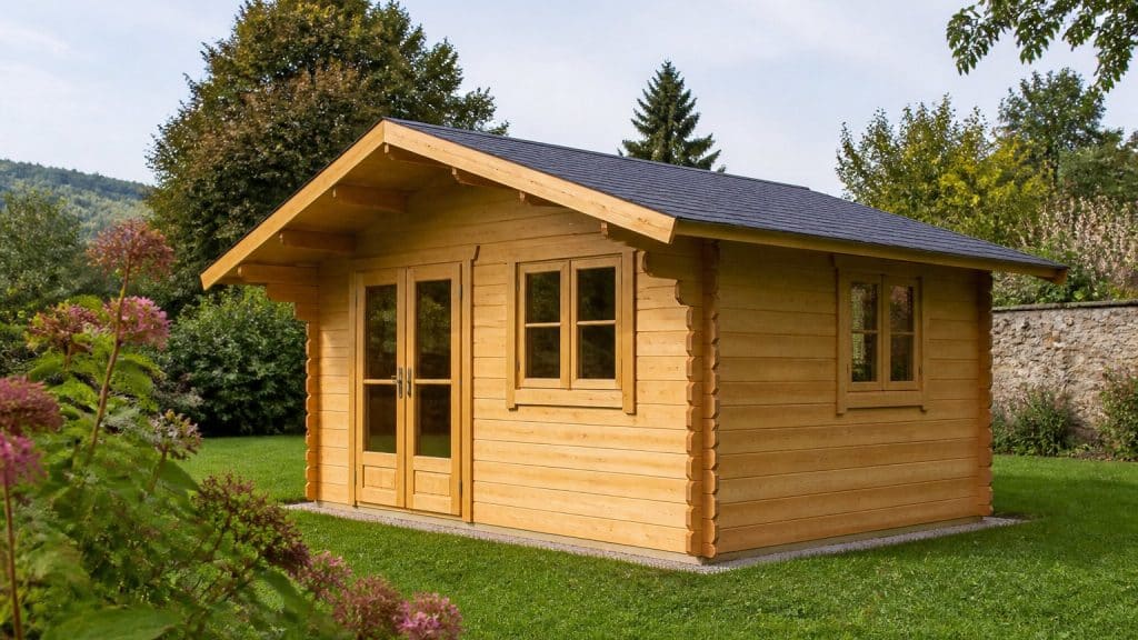 Chalet de jardin en bois aux madriers épais installé dans un jardin verdoyant