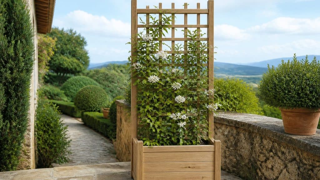 Bac à fleurs en bois avec treillis intégré dans un jardin, plante grimpante en cours de développement