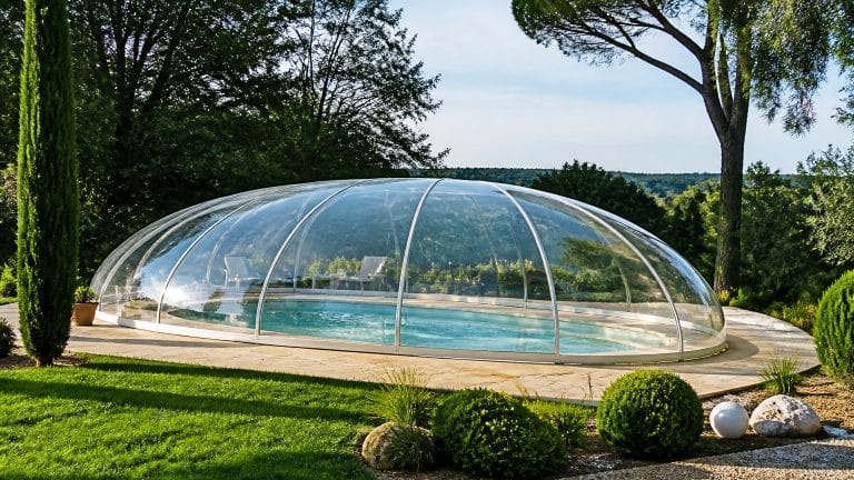Dôme transparent installé au-dessus d'une piscine dans un jardin