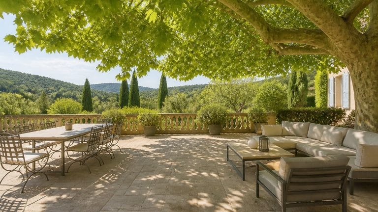 Mûrier platane stérile offrant une ombre dense au-dessus d'une terrasse de jardin