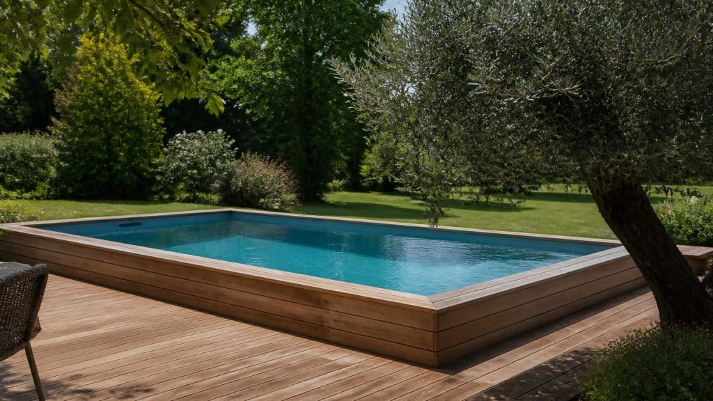 Piscine en bois installée dans un jardin, entourée d'une terrasse en bois et d'une pelouse