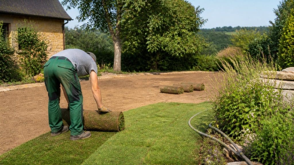 Pose de gazon en rouleau sur un sol préparé et nivelé dans un jardin