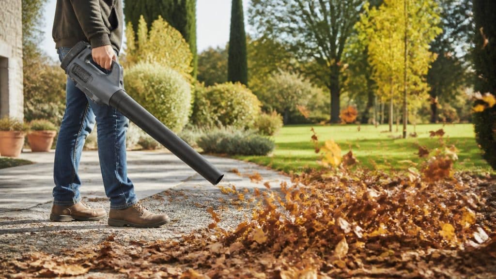 Personne utilisant un souffleur à batterie pour dégager des feuilles mortes dans un jardin