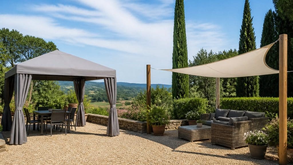 Comparatif entre une tonnelle pliante et une toile d'ombrage tendue installées sur une terrasse de jardin