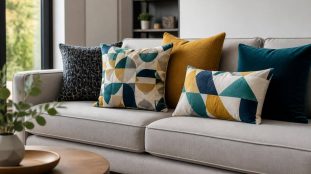 découvrez comment l'association des coussins à motifs géométriques dynamise visuellement l'assise principale, ajoutant style et modernité à votre intérieur.
