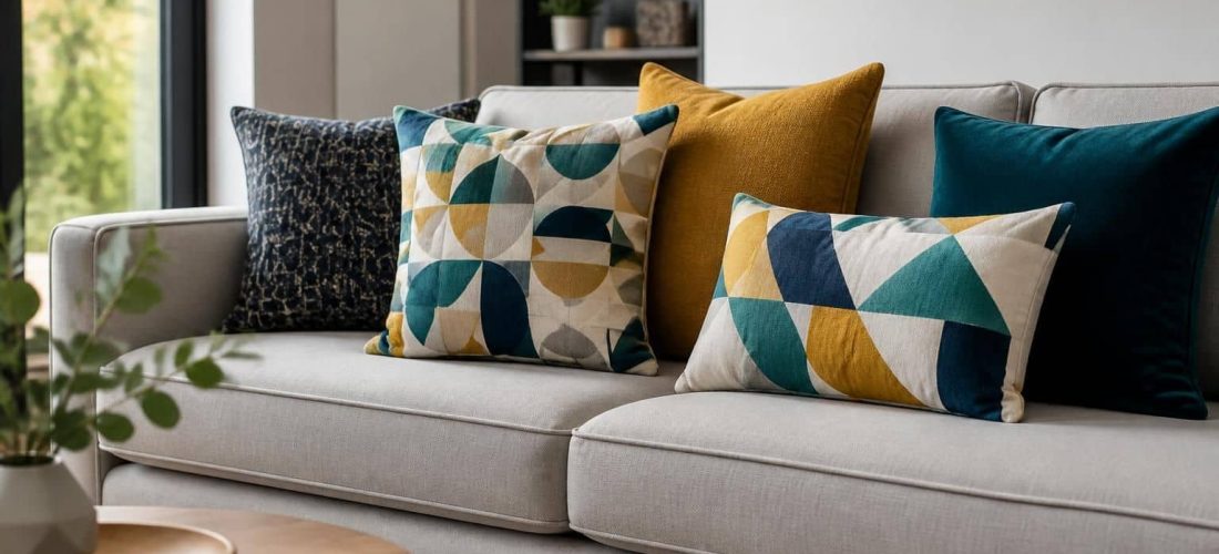 découvrez comment l'association des coussins à motifs géométriques dynamise visuellement l'assise principale, ajoutant style et modernité à votre intérieur.