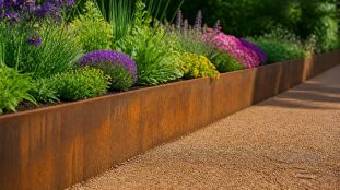 découvrez une liaison directe et esthétique entre la bordure de jardin en corten et la délimitation précise des parterres de fleurs pour un aménagement paysager soigné et durable.