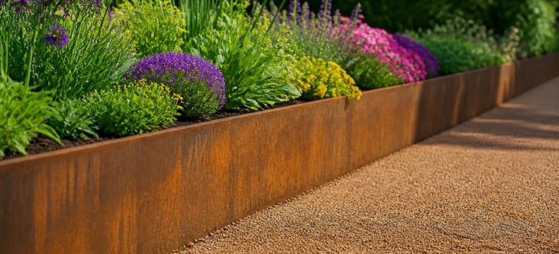découvrez une liaison directe et esthétique entre la bordure de jardin en corten et la délimitation précise des parterres de fleurs pour un aménagement paysager soigné et durable.
