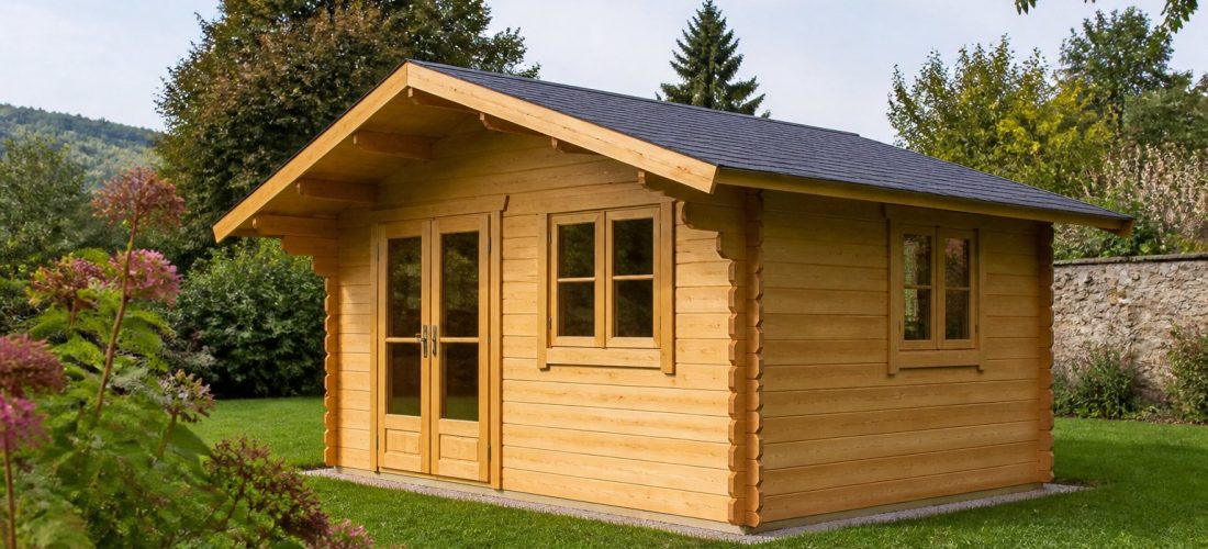 Chalet de jardin en bois aux madriers épais installé dans un jardin verdoyant