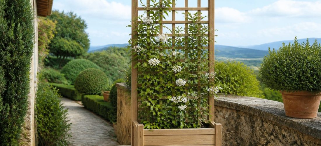 Bac à fleurs en bois avec treillis intégré dans un jardin, plante grimpante en cours de développement