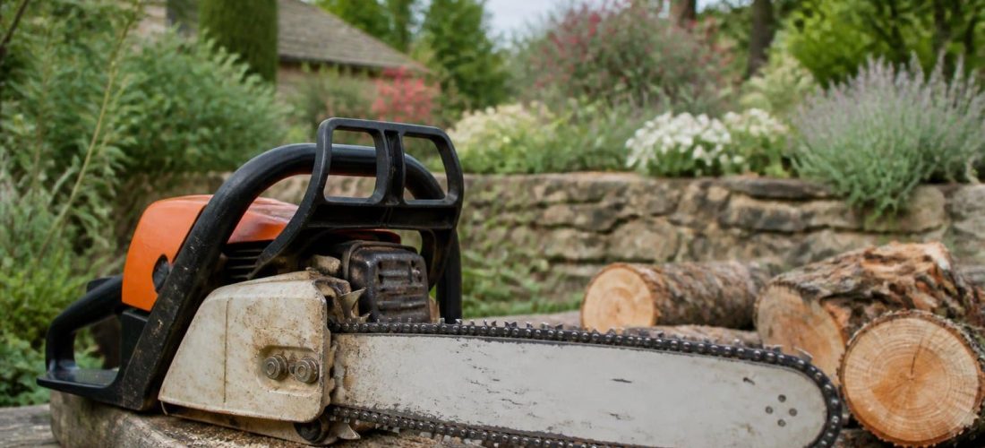 Gros plan sur la chaîne et le guide d'une tronçonneuse posée sur une bûche de bois dans un jardin