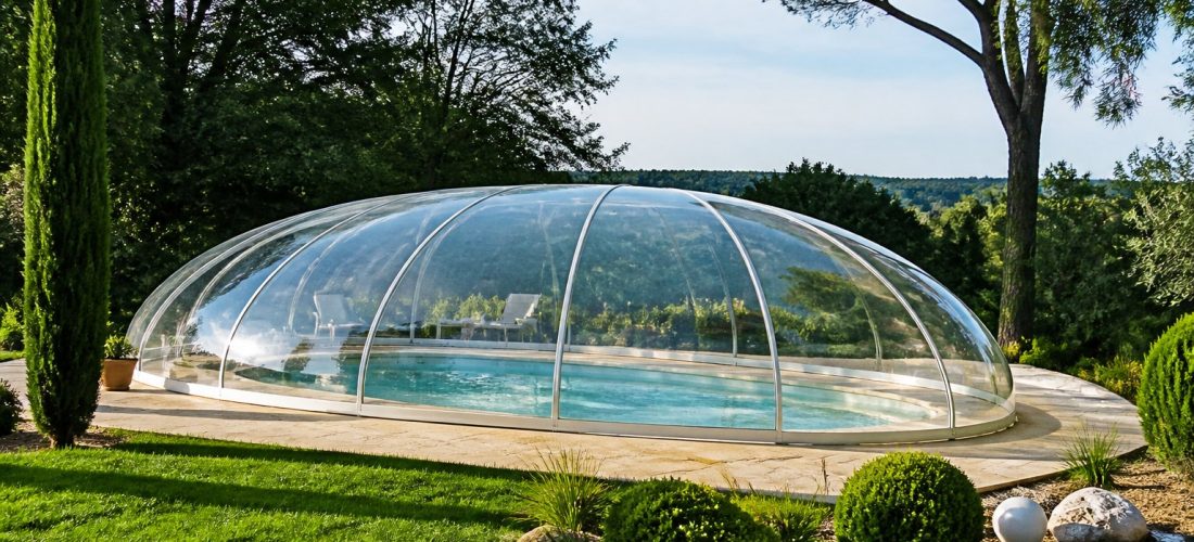 Dôme transparent installé au-dessus d'une piscine dans un jardin