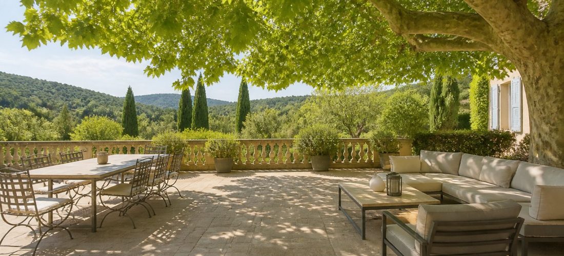 Mûrier platane stérile offrant une ombre dense au-dessus d'une terrasse de jardin